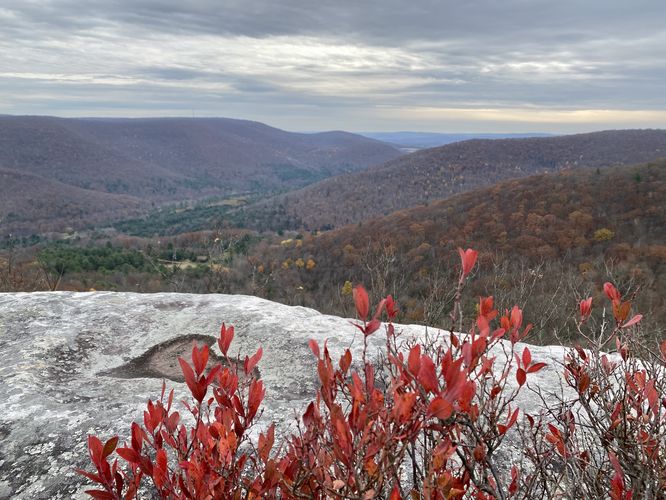 Red foliage and the Kellogg Mountain Overlook (north cliffs)