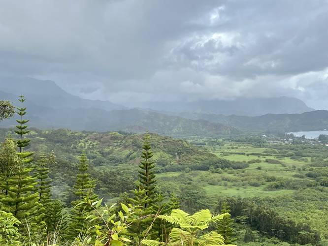 View of Hanalei Bay and surrounding mountains from power line vista along Okolehau Trail