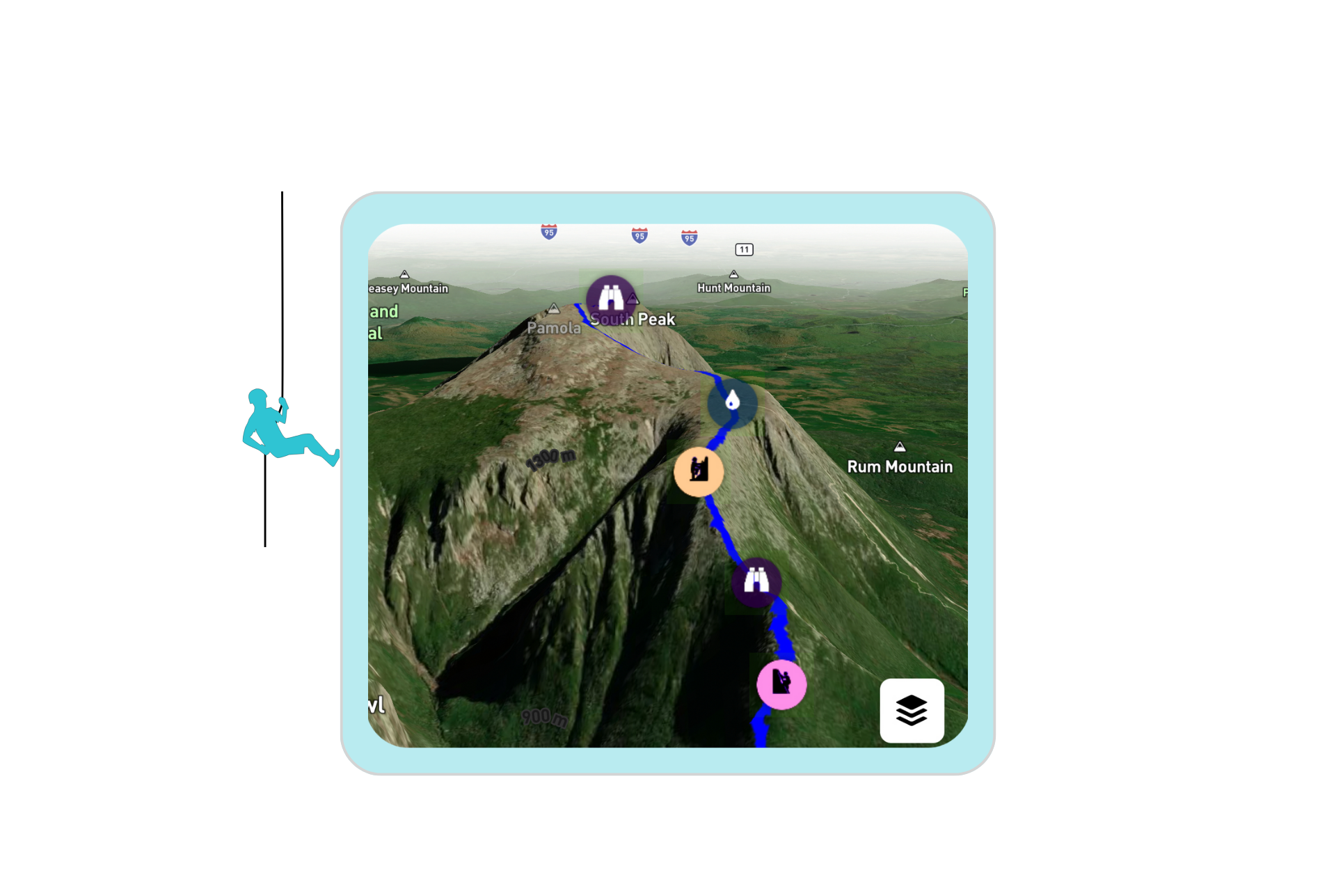 MyHikes app 3D maps, set on simple illustrated background.