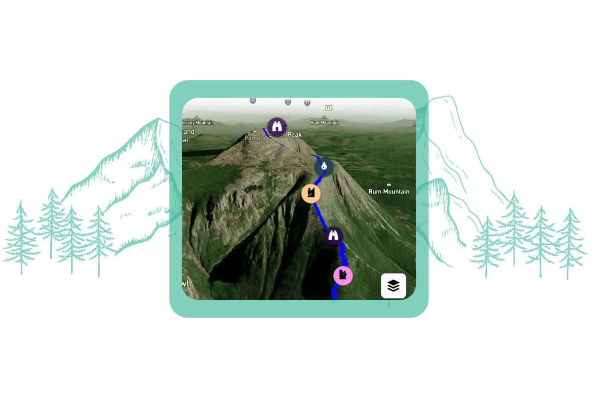 MyHikes app 3D maps, set on simple illustrated background.