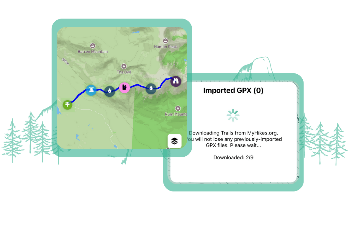 MyHikes app displaying Trail route from MyHikes.org, set on simple illustrated background.