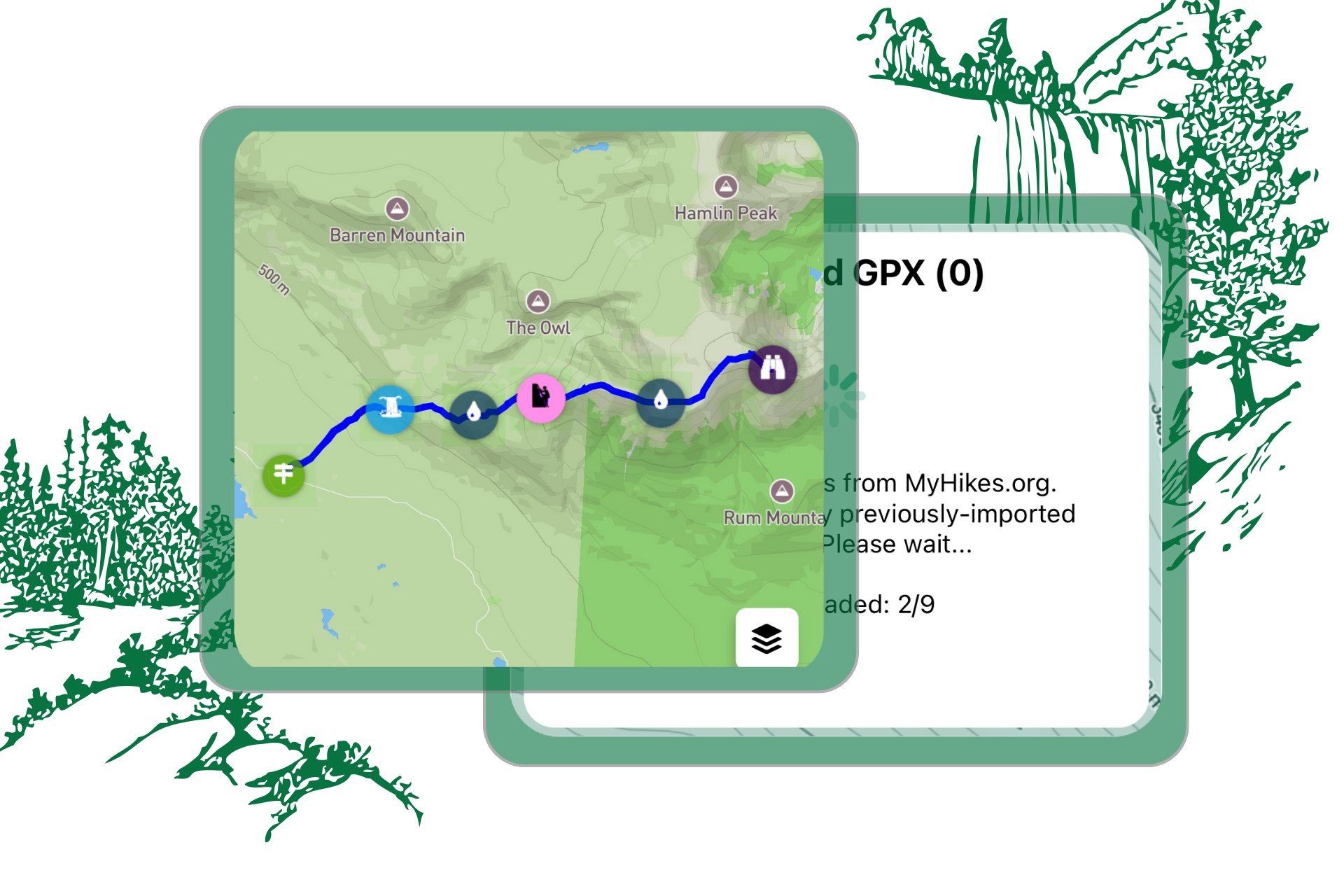 MyHikes app displaying Trail route from MyHikes.org, set on simple illustrated background.