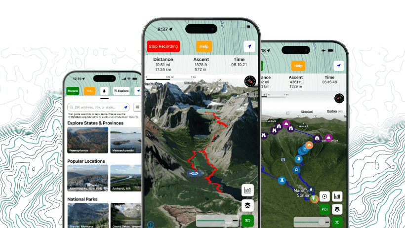 MyHikes app with several views including an explore mode to search by location, a trail route while recording a hike on device, and a trail route with POI drawn on the map, set on simple illustrated background.