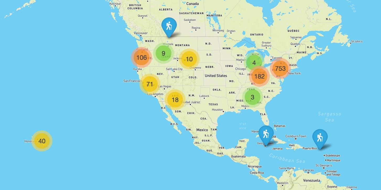 Map of MyHikes' trails in North America