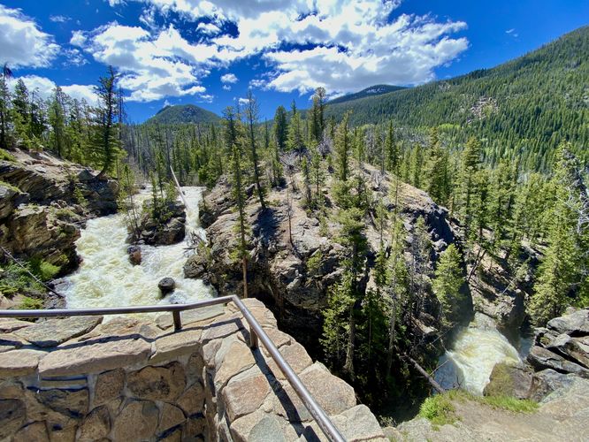 Wide-angle shot of Adams Falls two cascades