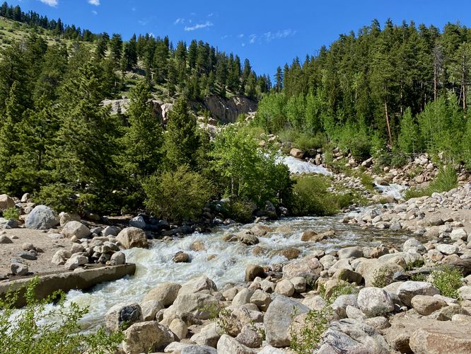 View of the Roaring River streaming down the mountain