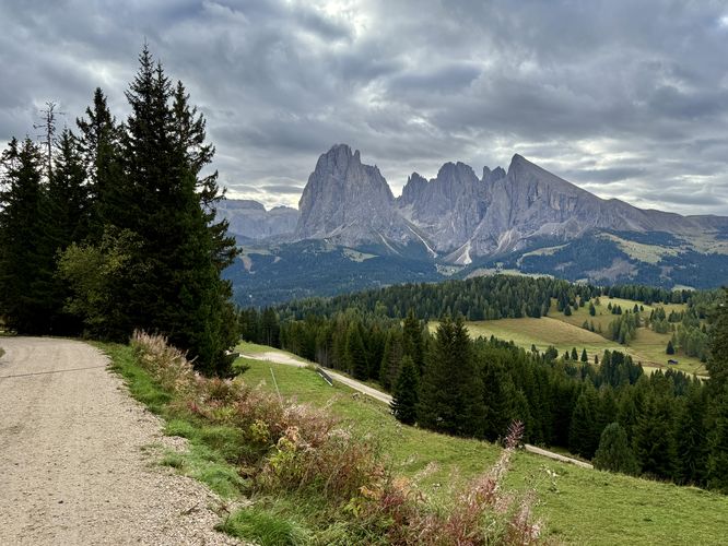Moody, cloudy morning shot of the Alpe di Siusi plateau from the gravel road