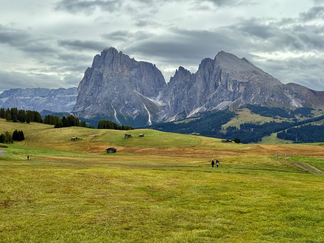 Hikers walk through the open meadows with dramatic alpine peaks in the background in Alpe di Siusi (Seiser Alm)