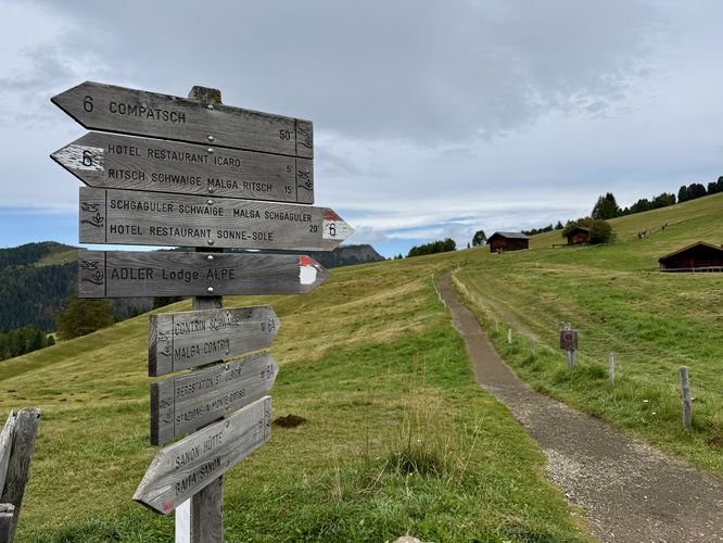 Turn to the hiking trail that leads back to the Mont Sëuc gondola