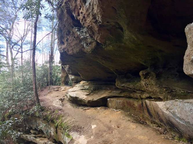 Trail follows a skinny path next to rock ledges
