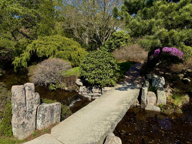 Stone footbridge with a tiny waterfall