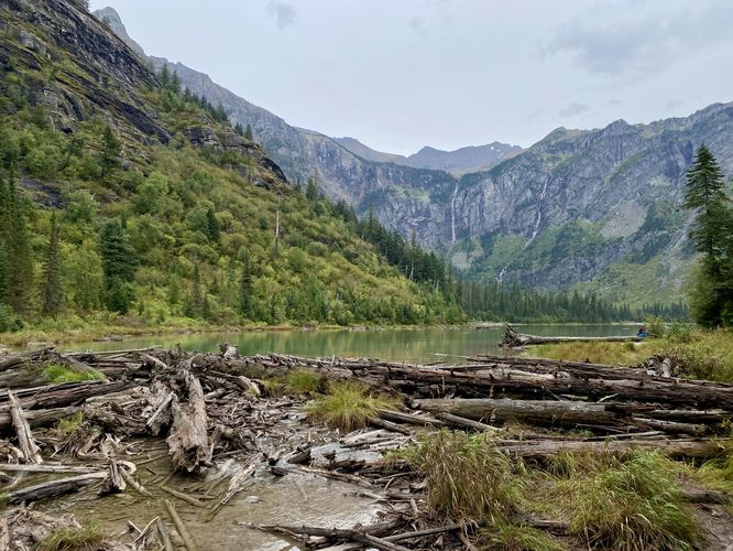 Trail spits hikers out at the western end of Avalanche Lake