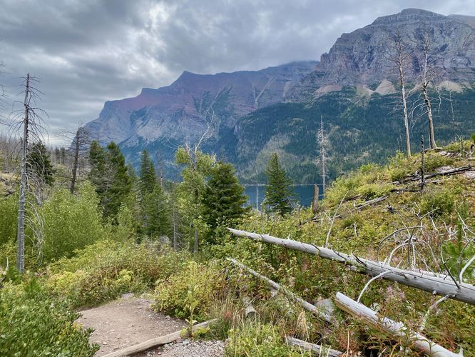 Trail leads down to Baring Falls with a view of Saint Mary Lake and Mahtotopa Mountain