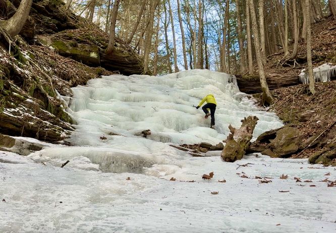 Dave ice climbing on Bear Run Falls Major (aka Step Falls)