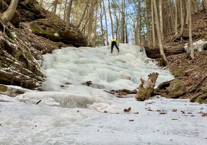 Dave ice climbing on Bear Run Falls Major (aka Step Falls)