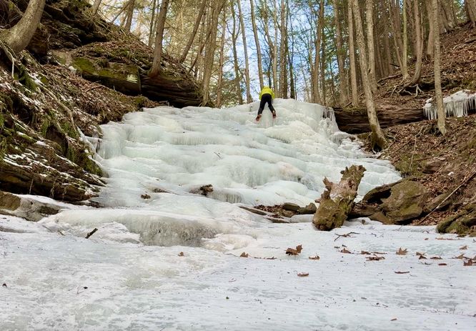Dave ice climbing on Bear Run Falls Major (aka Step Falls)