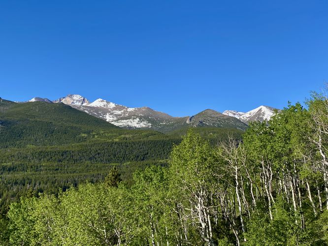 View of snow-capped mountains from the trail