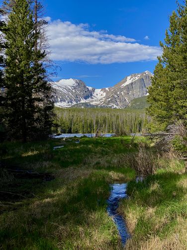 View of mountains and creek flowing from Bierstadt Lake