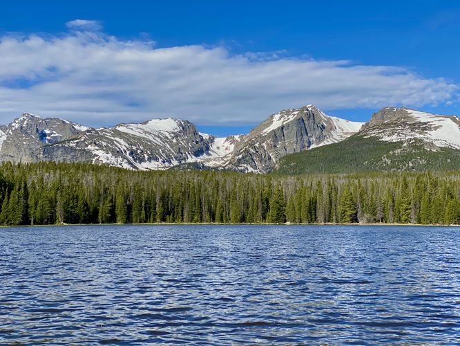 View of Bierstadt Lake and snow-capped rocky mountains
