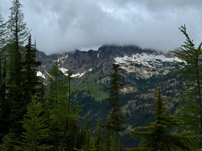 View of Cutthroat Peak in the clouds