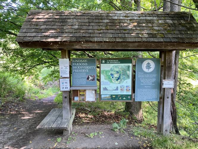 Lindsay-Parsons Biodiversity Preserve trail kiosk and info