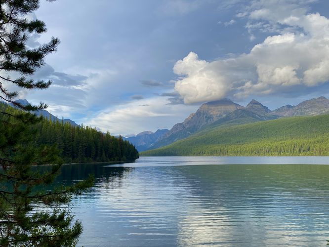 View of Bowman Lake and alpine mountains from the trail