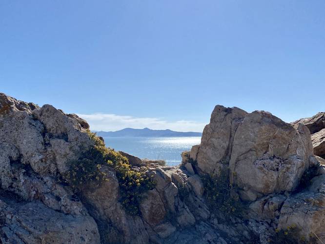 View of the Great Salt Lake through a rocky outcropping on Buffalo Point