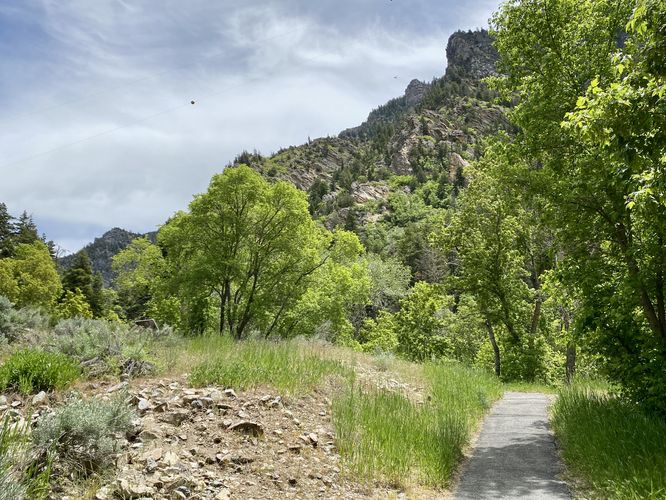 Trail passes through American Fork Canyon with towering cliffs of Mt. Timp