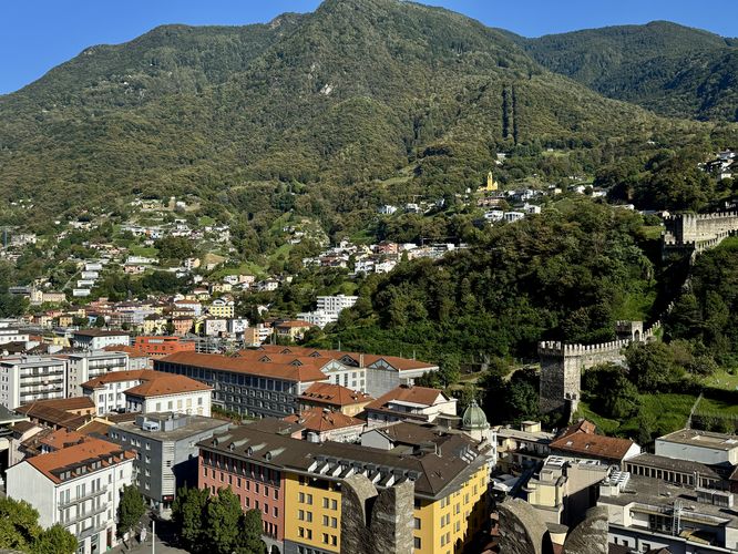 View of historic Bellinzona with surrounding mountains