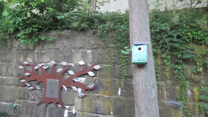 Colorful bird houses dot the trail