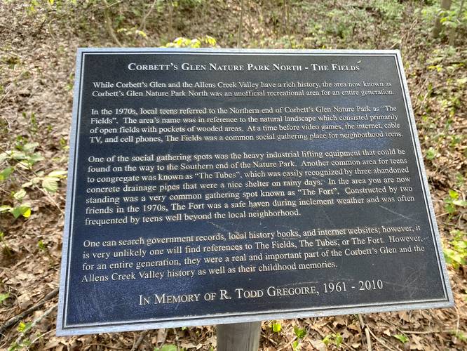 Corbett's Glen historical plaque