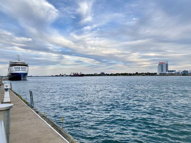 Detroit River and cruise ship docked
