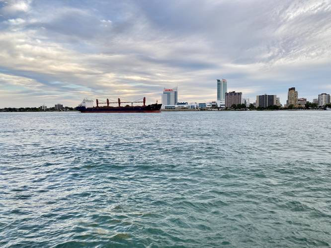 Cargo ship floats down the Detroit River
