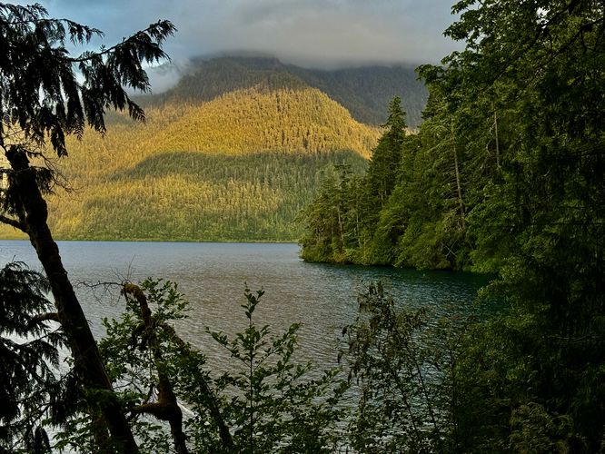 View of Lake Crescent, turquoise waters, and surrounding mountains