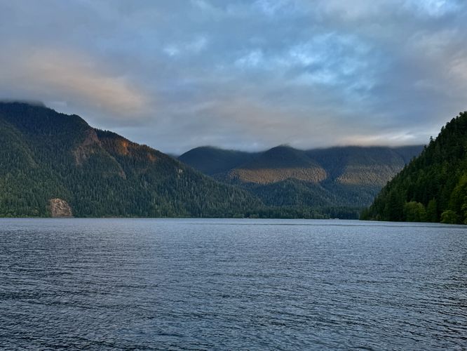 View of Lake Crescent and a sunset cast on the nearby mountains