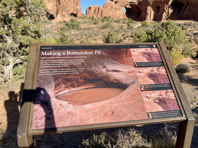 "Making a Bottomless Pit" information kiosk about how pothole arches are formed, like the Double Arch