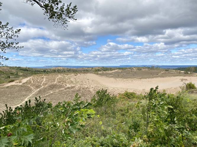 View of sand dunes and the Manitou Islands from the Dune Overlook