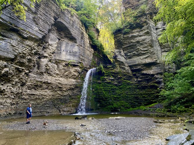 Man and his dog stand in front of Eagle Cliff Falls