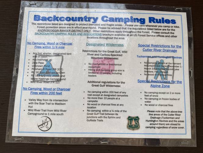 Backcountry camping rules near East Royce Mountain in White Mountain National Forest