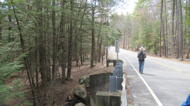 Trail along road over brook toward small Trail Kiosk