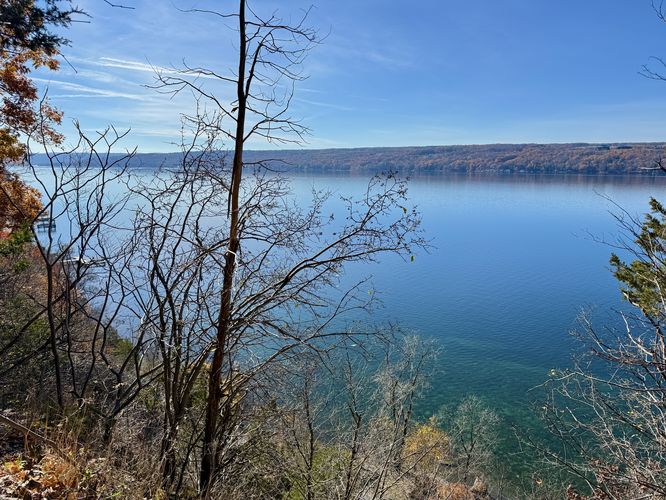 View of Cayuga Lake with turquoise waters below