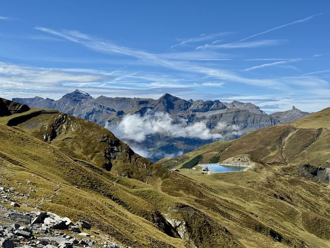 View toward the Lauterbrunnen valley from the Eiger Trail with Fallbodensee (Fallboden Lake) in view