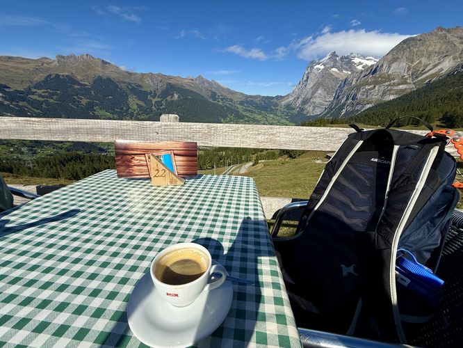 After hike espresso with a view at Berghaus Alpiglen