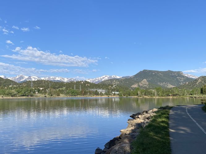 View of the trail, Lake Estes, and views towards Estes Park