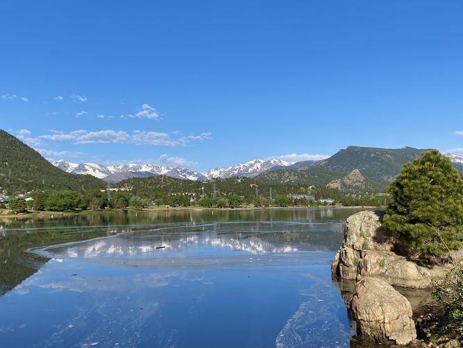View of Lake Estes and Rocky Mountain National Park