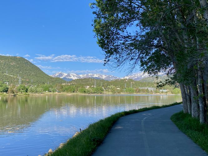 View of the trail, Lake Estes, and Rocky Mountain National Park