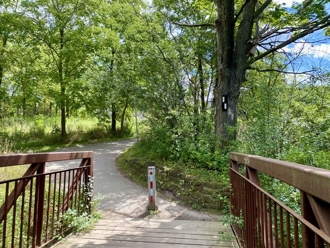 Paved pathway ends right around the corner where the dirt trail begins