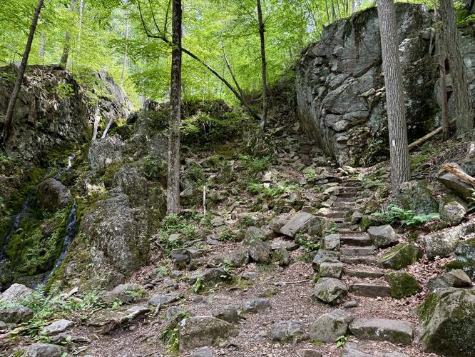 Stone steps ascend the AT alongside Fitzgerald Falls