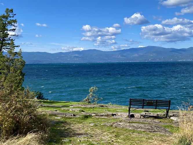 Bench sits along Flathead Lake with a view of the water