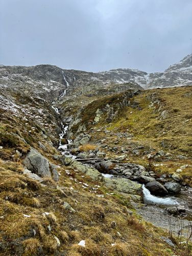 Portrait view of the 130-meter Flüela Pass Falls